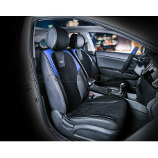 Накидка на сиденье CarFashion Space велюр/экокожа передняя черная синие вставки 2 шт.